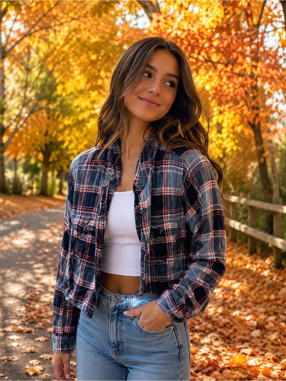 deb Plaid Button-Front Shirt Jacket in Navy, Red & White